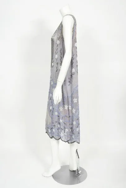 1920's Periwinkle Beaded Rhinestone Silk Chiffon Cut-Out Flapper Dress