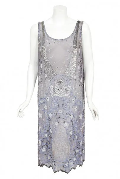 1920's Periwinkle Beaded Rhinestone Silk Chiffon Cut-Out Flapper Dress