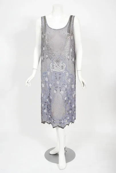 1920's Periwinkle Beaded Rhinestone Silk Chiffon Cut-Out Flapper Dress