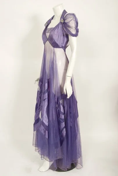 1930's Lilac Purple Sheer Net Tulle Silk Appliqué Bows Puff-Sleeve Gown