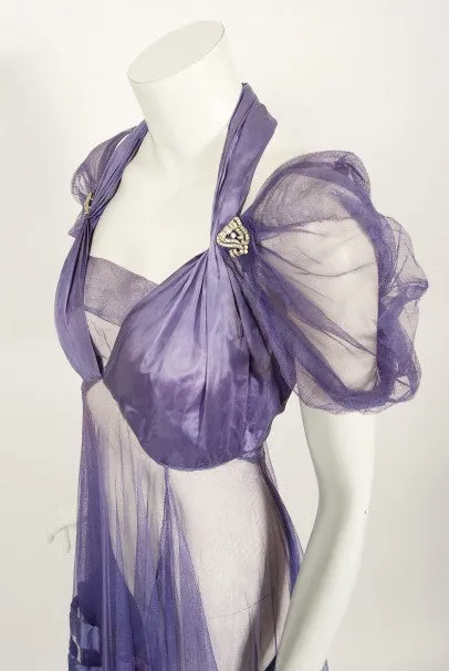 1930's Lilac Purple Sheer Net Tulle Silk Appliqué Bows Puff-Sleeve Gown