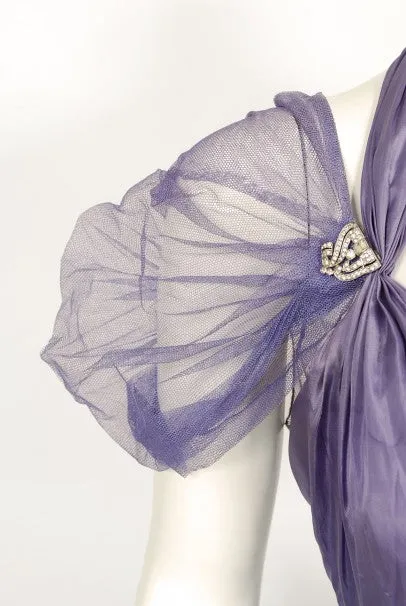 1930's Lilac Purple Sheer Net Tulle Silk Appliqué Bows Puff-Sleeve Gown