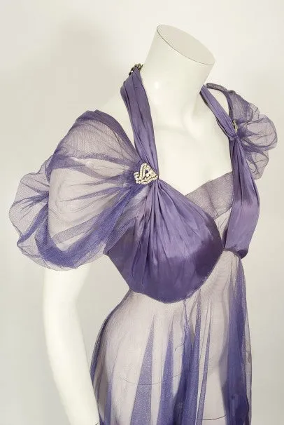 1930's Lilac Purple Sheer Net Tulle Silk Appliqué Bows Puff-Sleeve Gown