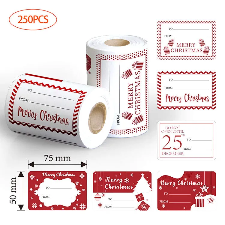 250PCs 6 Designs Square 2*3 Inch Red Christmas Stickers Merry Chritmas Labels tape