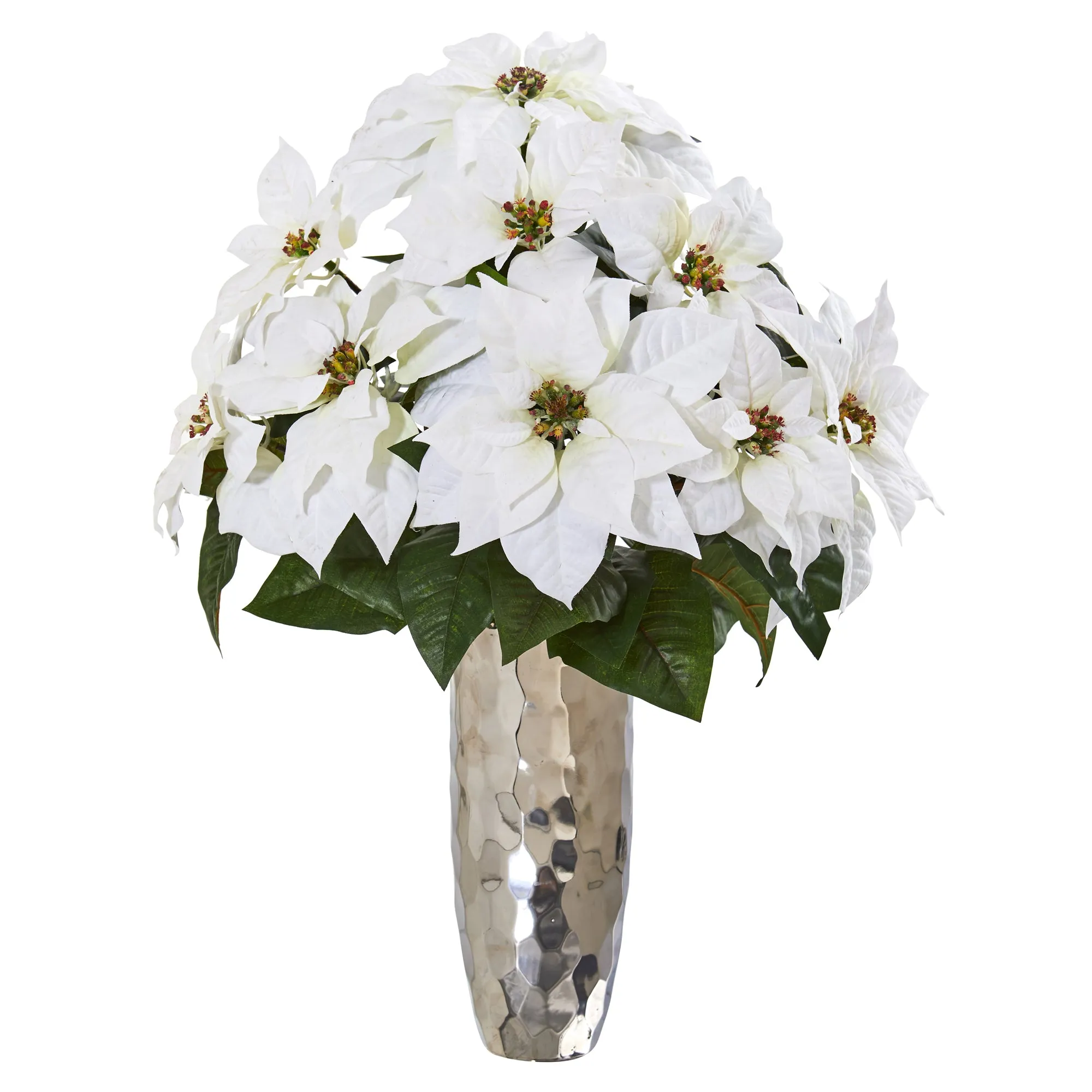 27" Artificial Poinsettia Arrangement in Silver Cylinder Vase - Low Maintenance, Life-Like & Vibrant Silk Flowers For Busy People.