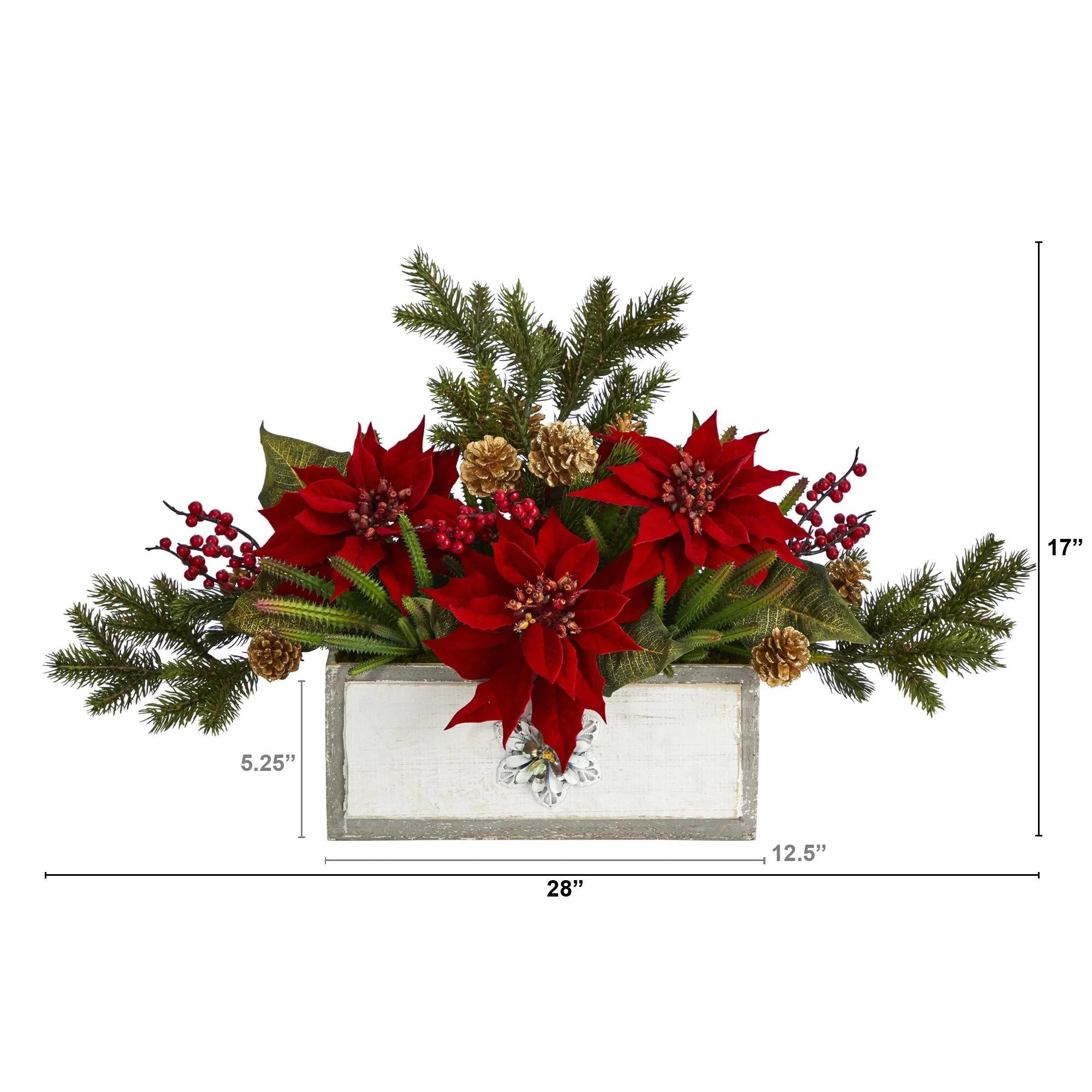 28” Poinsettia and Cactus Artificial Arrangement in Decorative Wood Vase