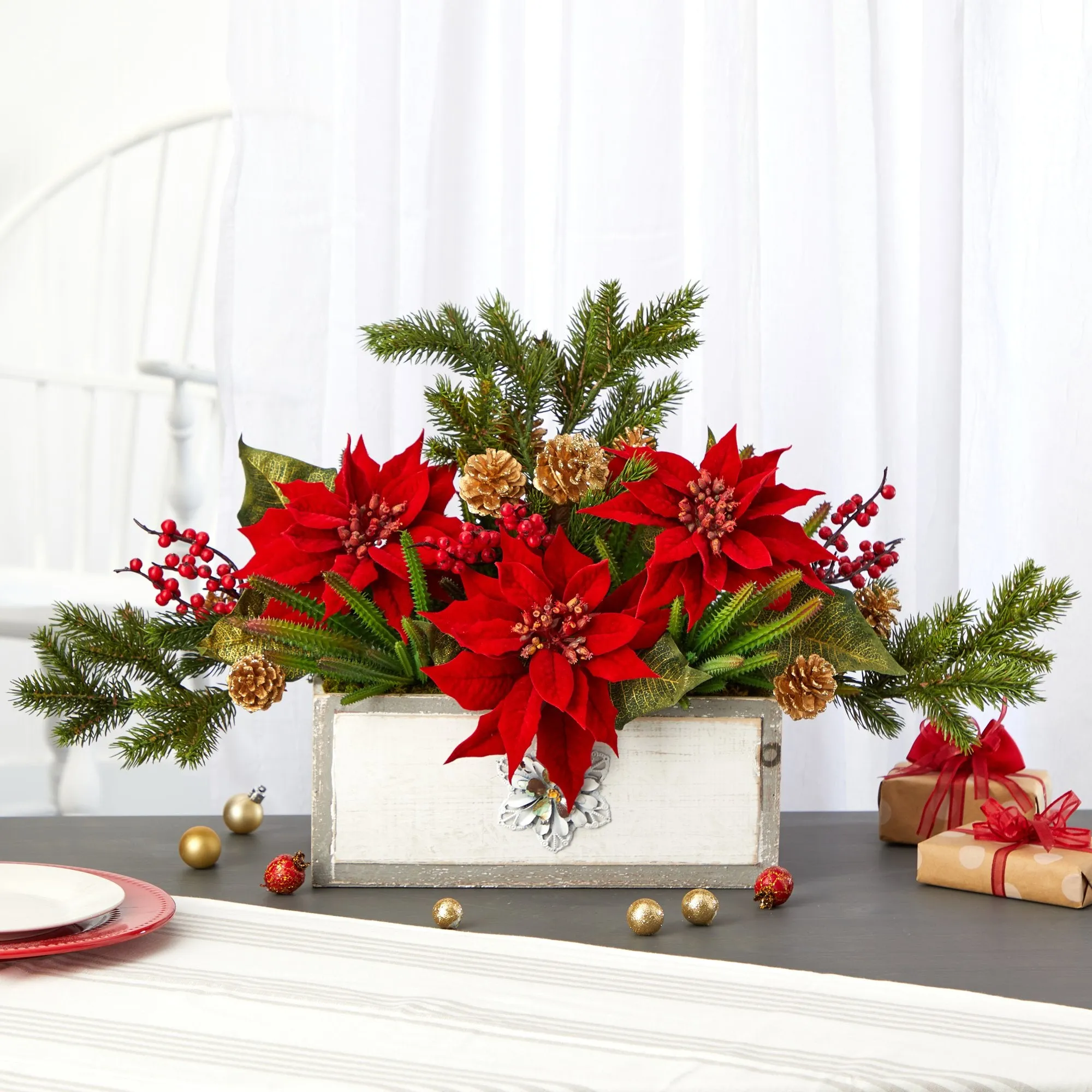 28” Poinsettia and Cactus Artificial Arrangement in Decorative Wood Vase