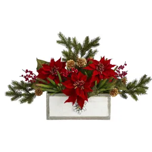 28” Poinsettia and Cactus Artificial Arrangement in Decorative Wood Vase