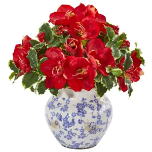 Amaryllis and Variegated Holly Leaf Artificial Arrangement