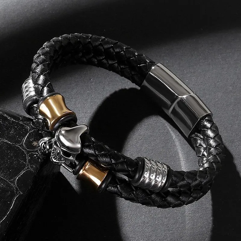 Black Two Strands Braided Genuine Leather Skull Beaded Bracelet