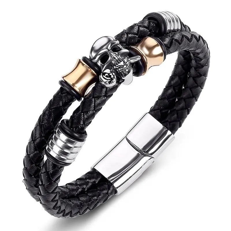 Black Two Strands Braided Genuine Leather Skull Beaded Bracelet