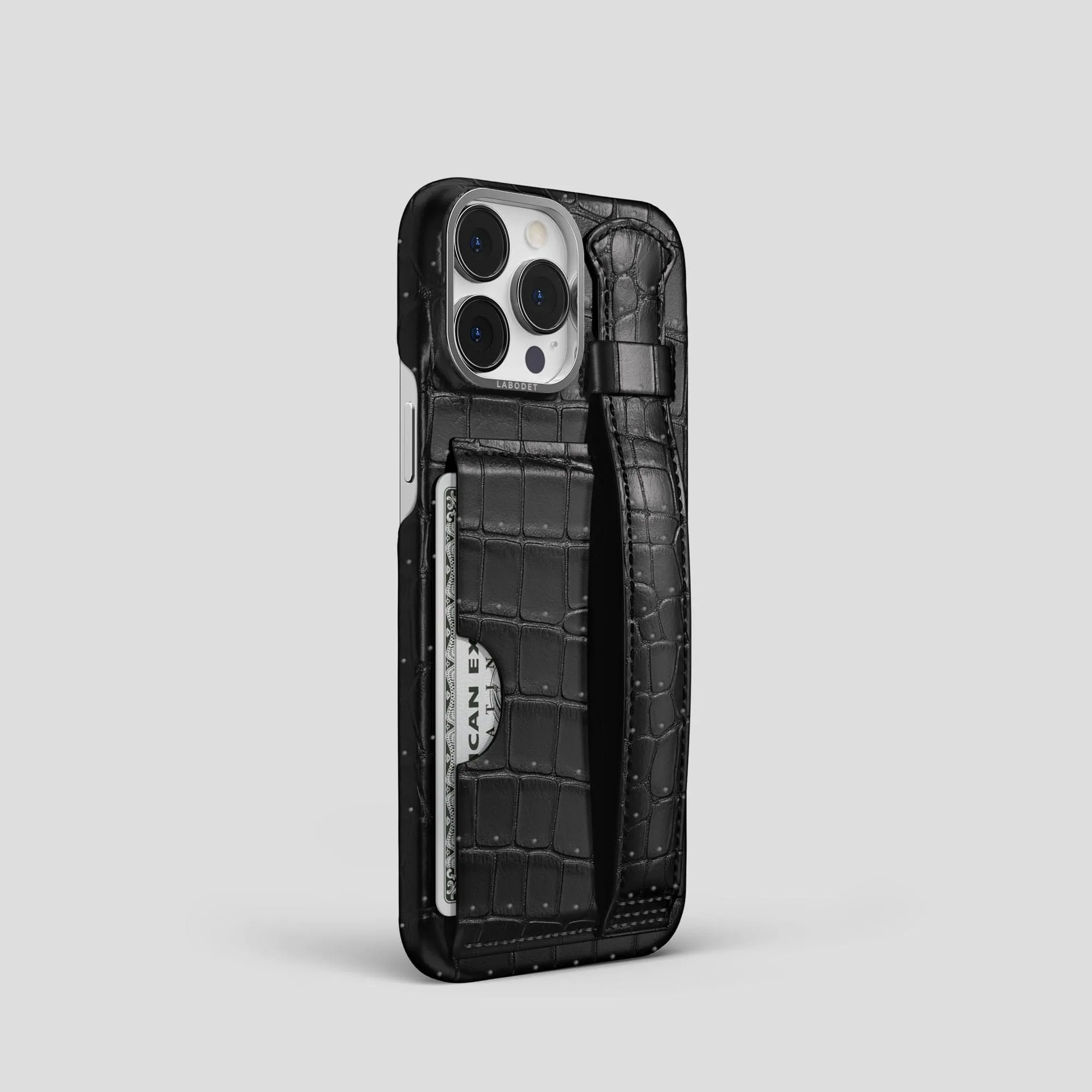 Cardholder Strap Case For iPhone 15 Pro In Porosus Crocodile