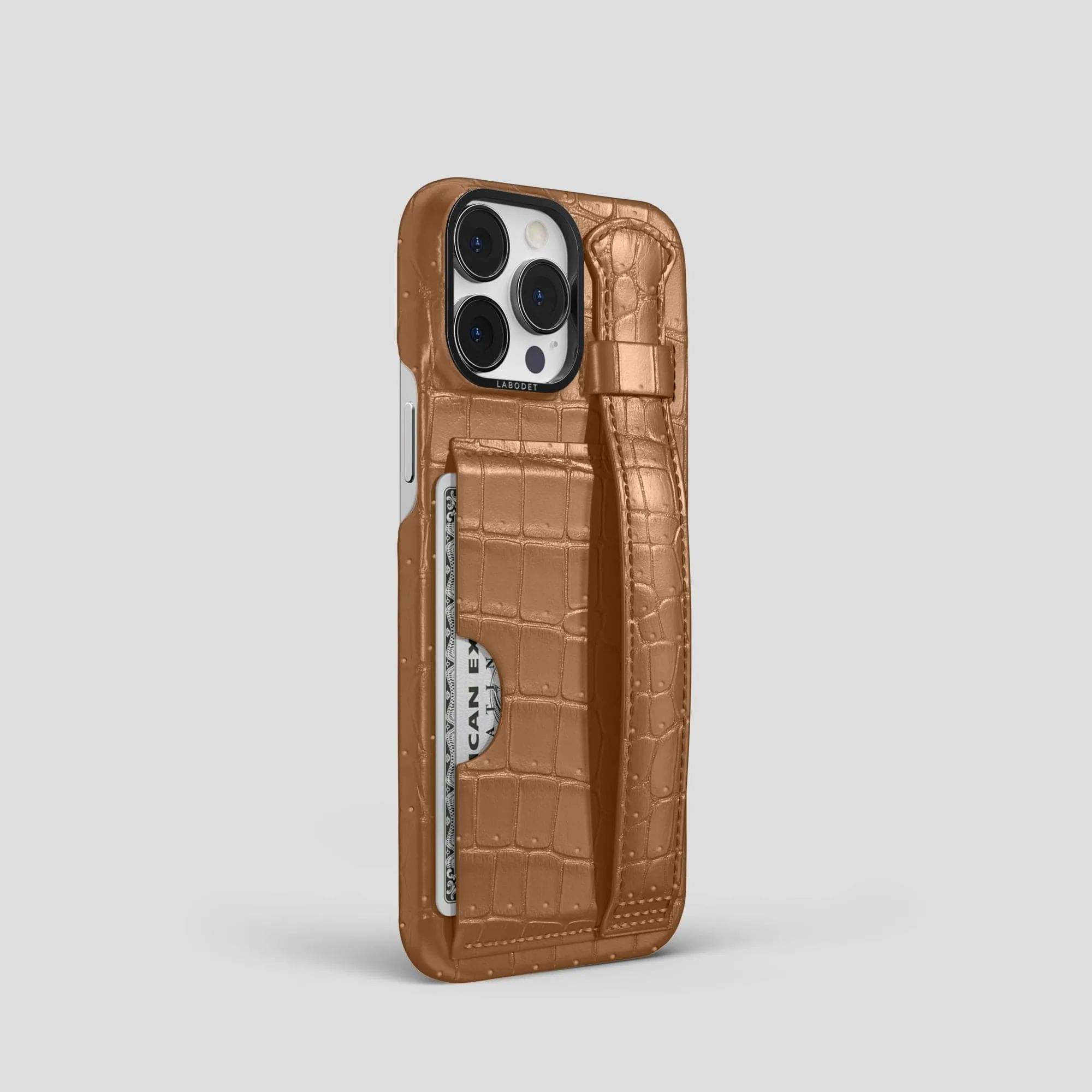 Cardholder Strap Case For iPhone 15 Pro In Porosus Crocodile