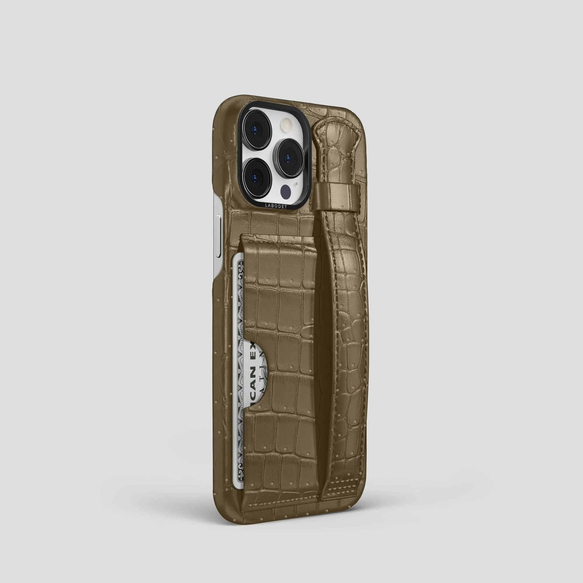 Cardholder Strap Case For iPhone 15 Pro In Porosus Crocodile