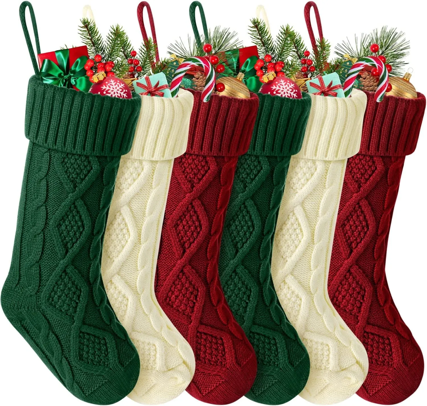 cozy 6 Pack Knit Christmas Stockings, 18" Cable Knitted Stocking Decorations Xmas Rustic Farmhouse Stocking for Family Holiday Season, Burgundy, Ivory White, Green Burgundy One Size