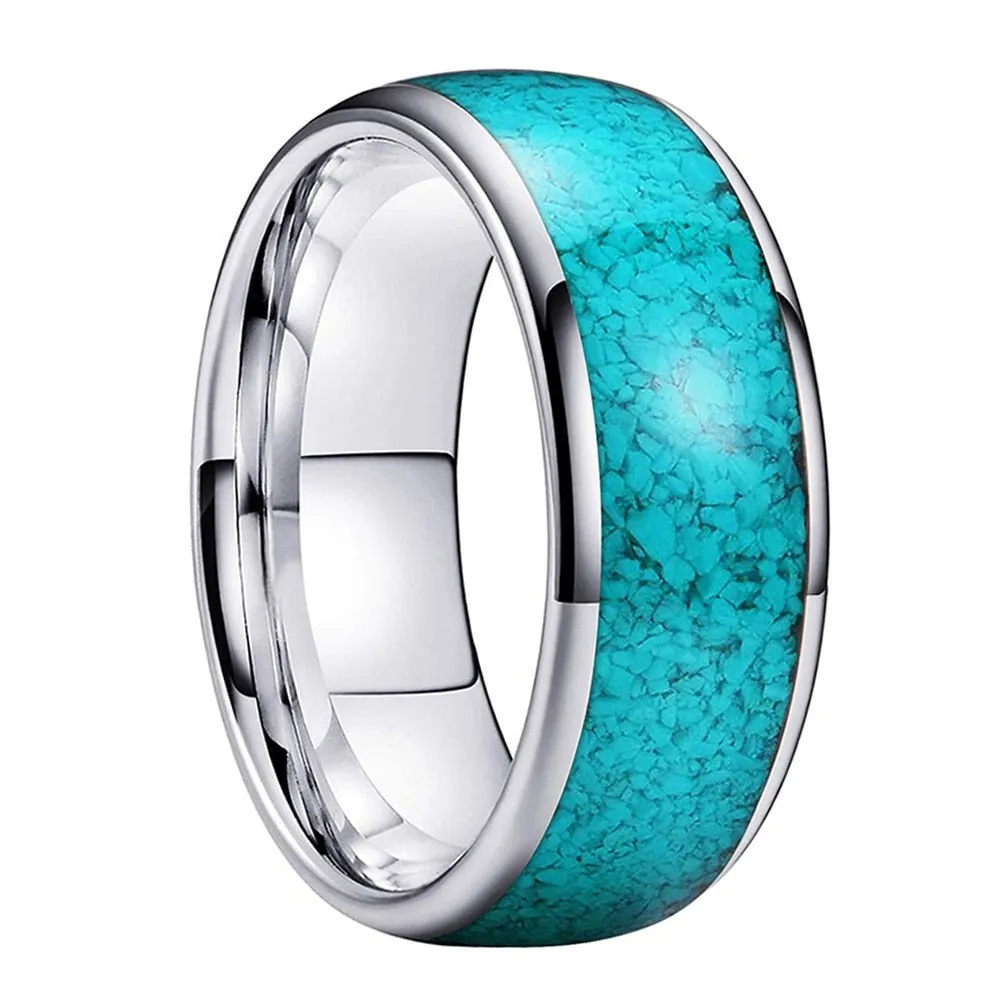 Crushed Turquoise and Domed Wedding Ring In Silver Tungsten (4/6/8mm)