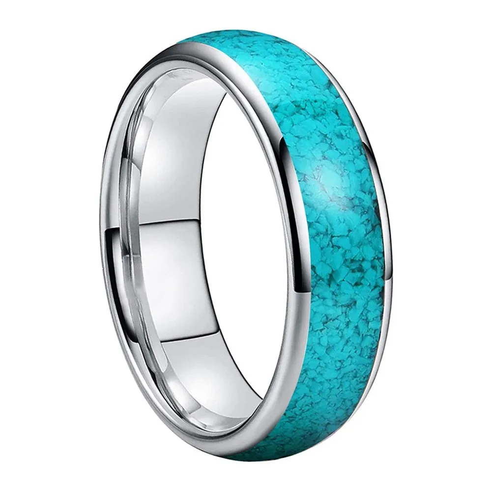 Crushed Turquoise and Domed Wedding Ring In Silver Tungsten (4/6/8mm)