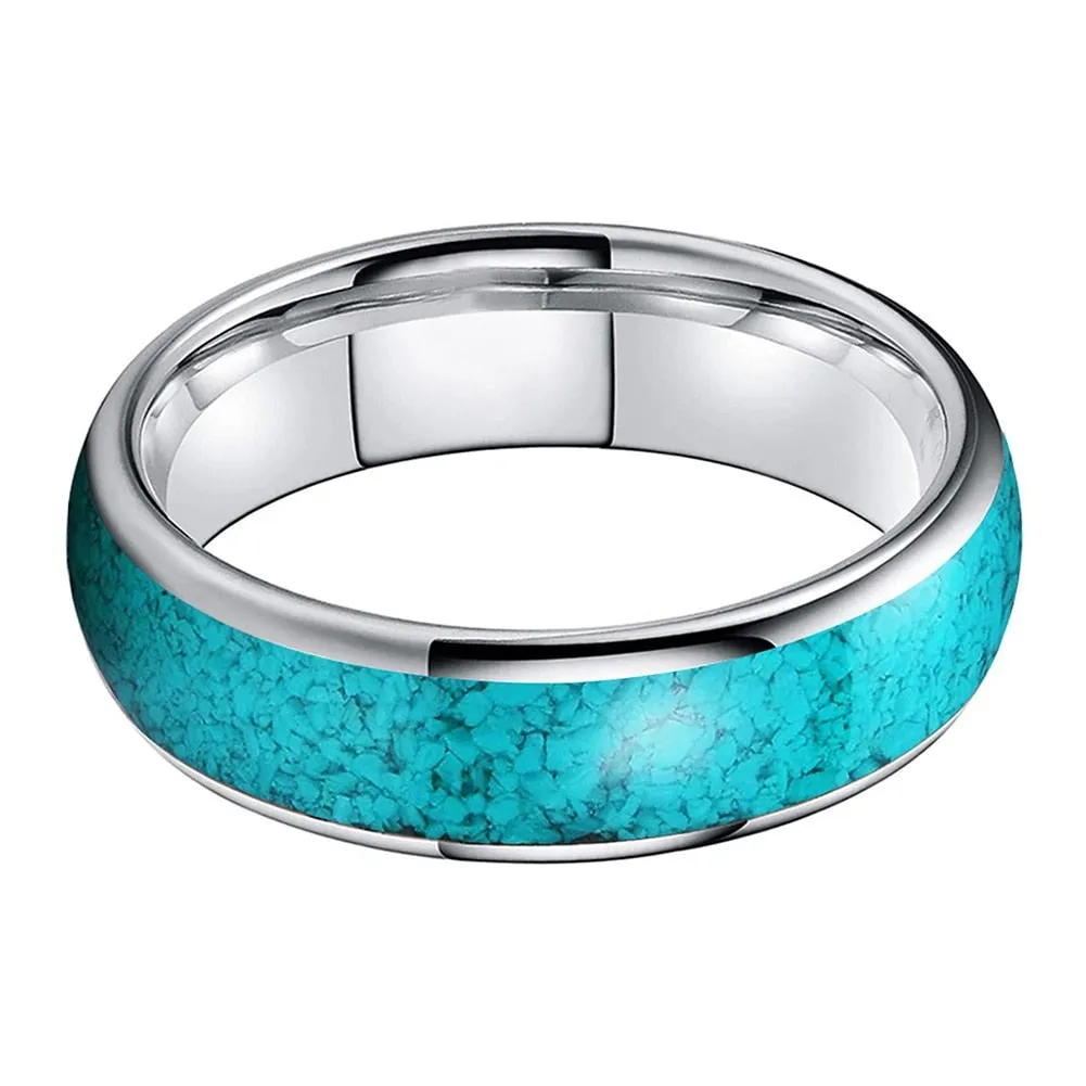 Crushed Turquoise and Domed Wedding Ring In Silver Tungsten (4/6/8mm)