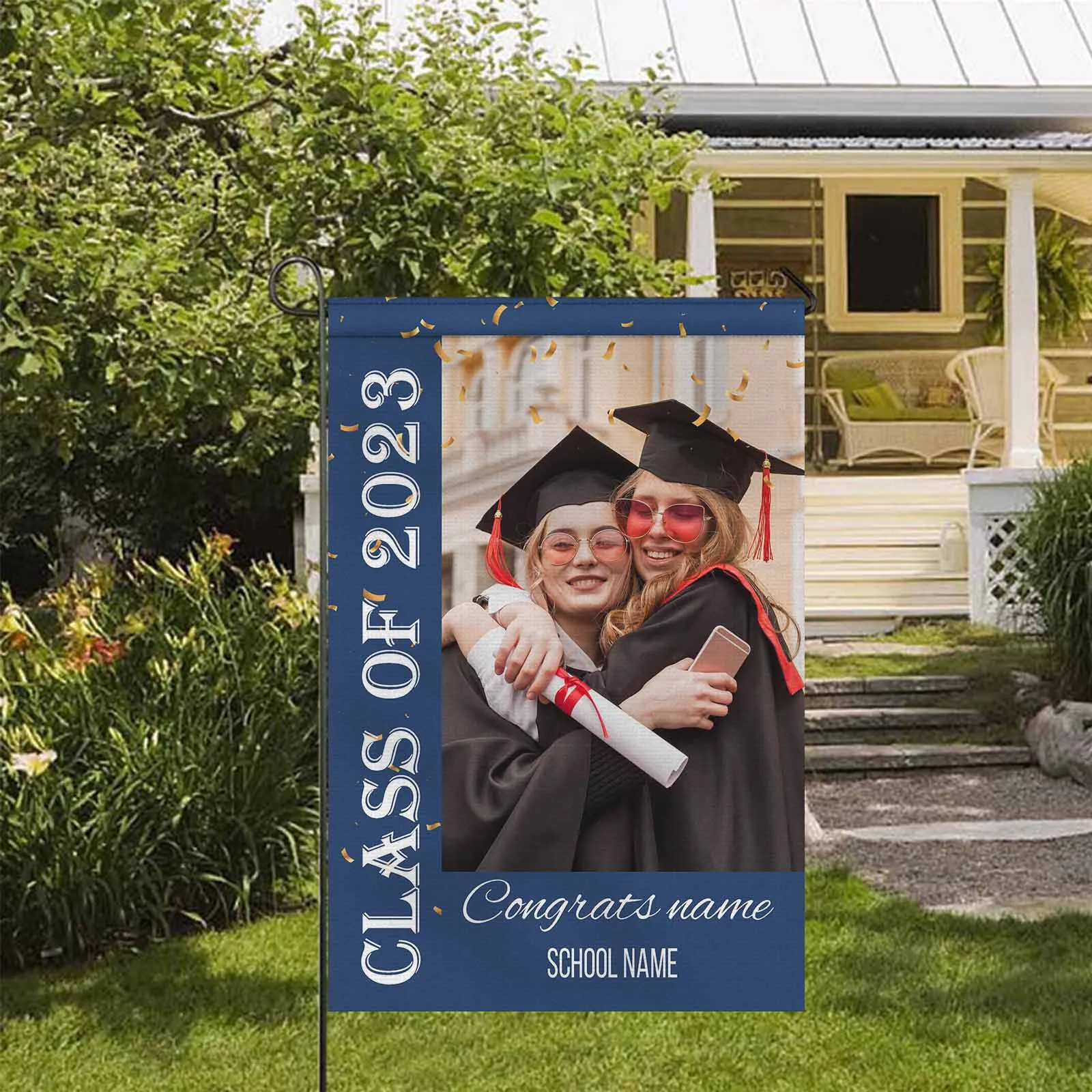 Custom Photo&Name Blue Class Of 2023 Graduation Garden Flag Graduation Gift Decorations