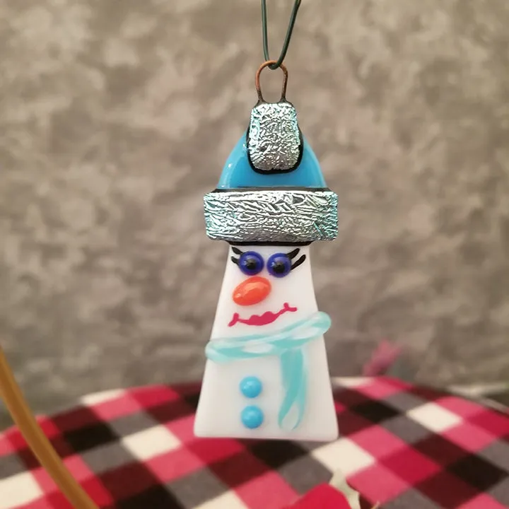 Cute fused glass Snowman, snow lady ornament, bauble, bling, santa hat