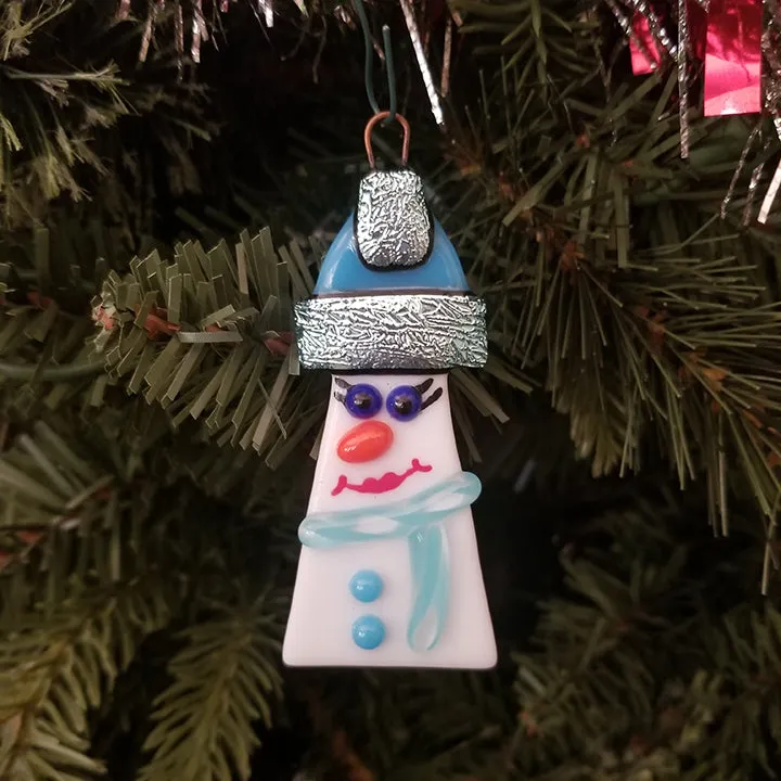 Cute fused glass Snowman, snow lady ornament, bauble, bling, santa hat