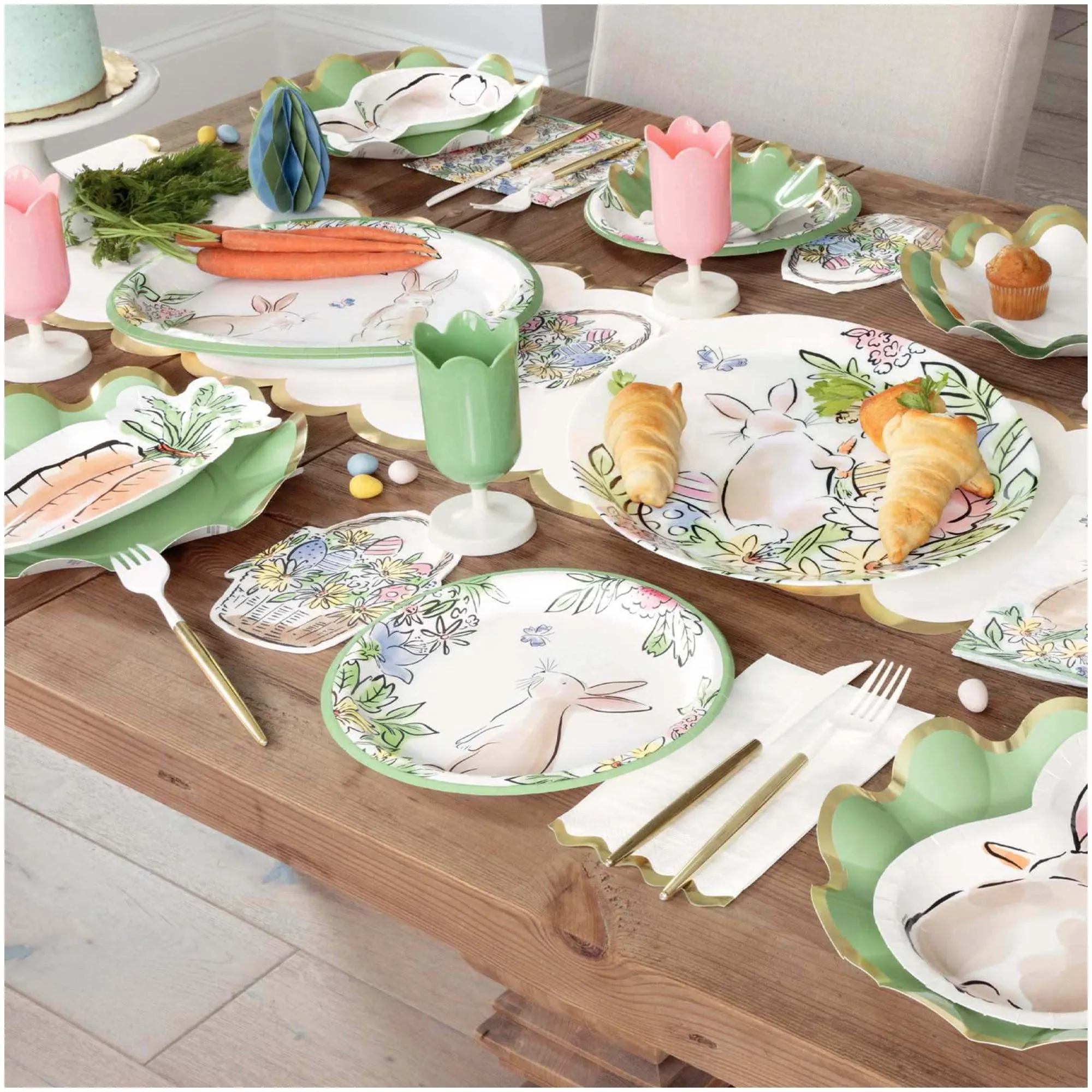 Dainty Easter Painted Garden Carrot Bunch Paper Dessert Plates and Basket Shaped Napkins