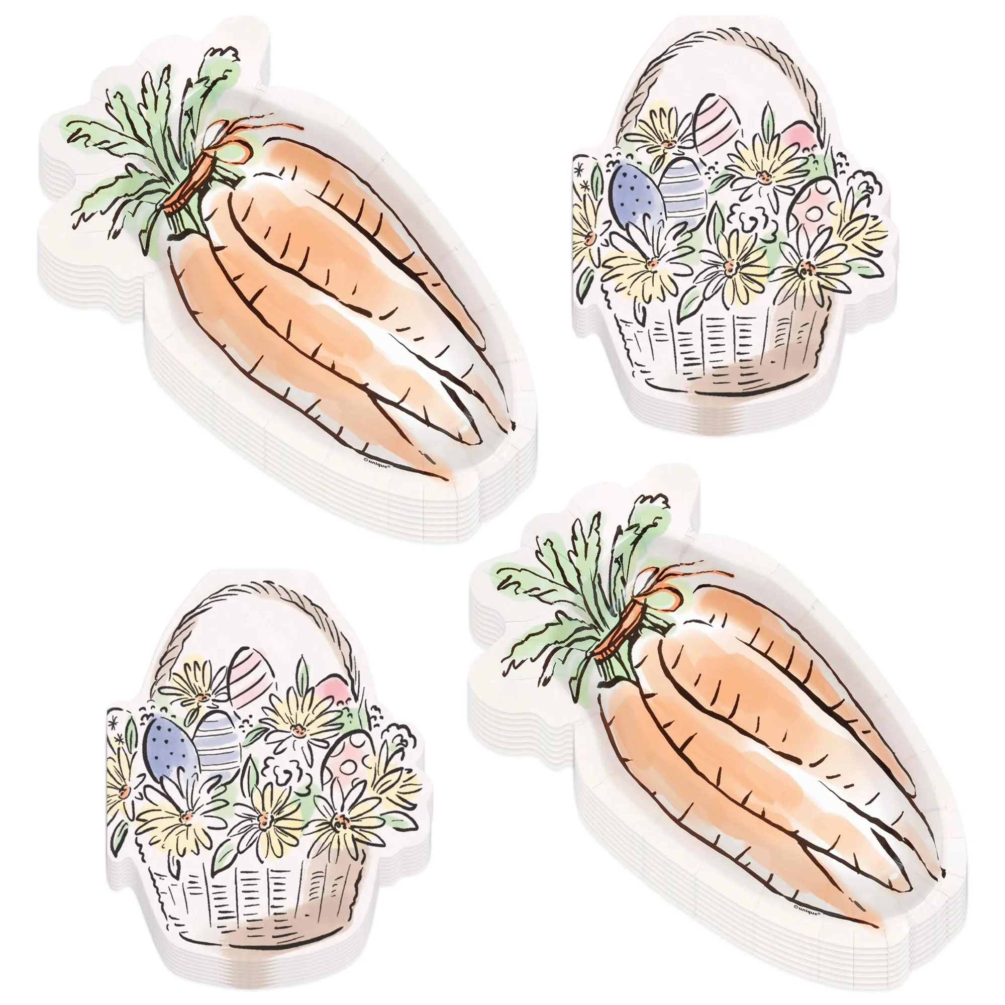 Dainty Easter Painted Garden Carrot Bunch Paper Dessert Plates and Basket Shaped Napkins