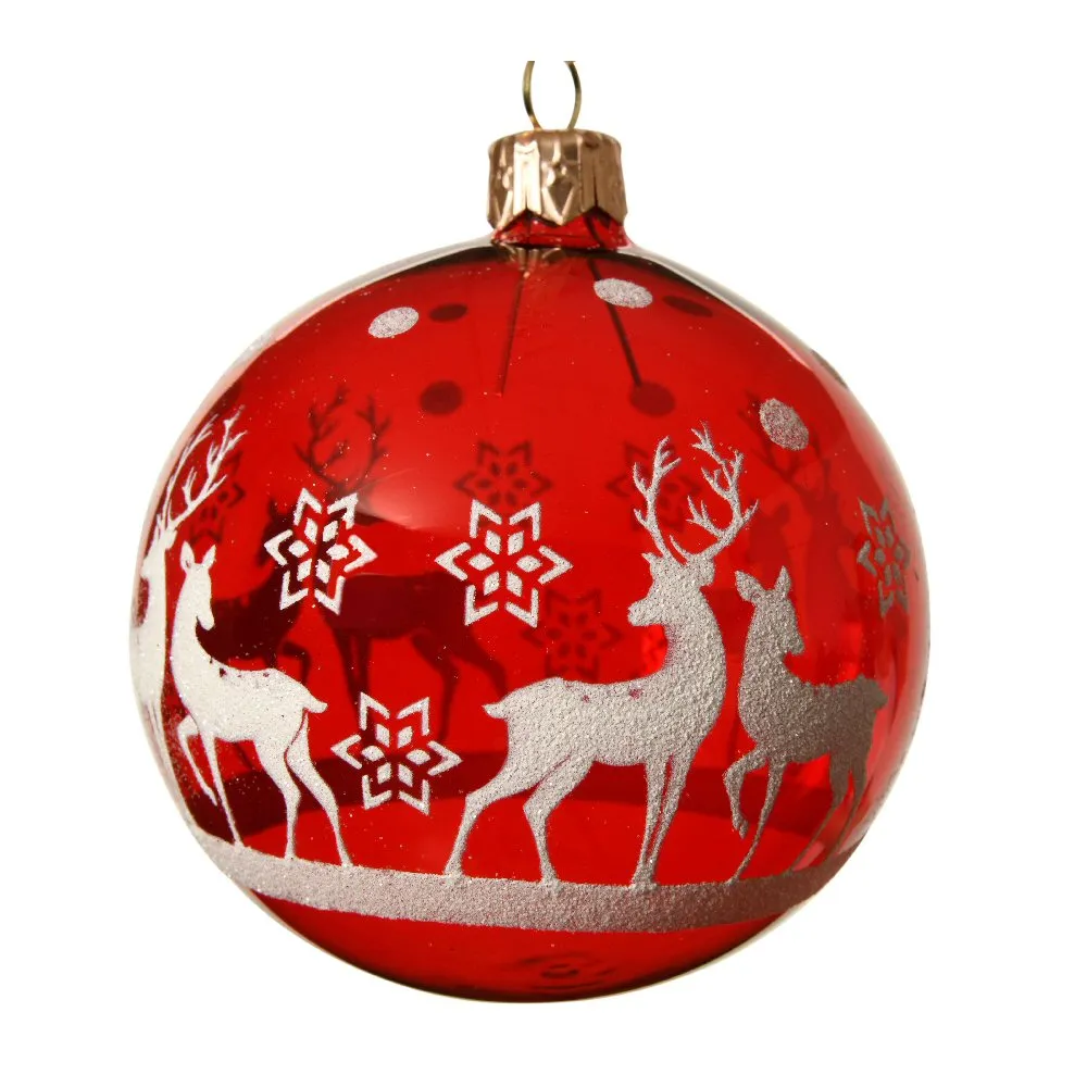 Decoris 8cm Red Tinted Reindeer Scene Glass Bauble