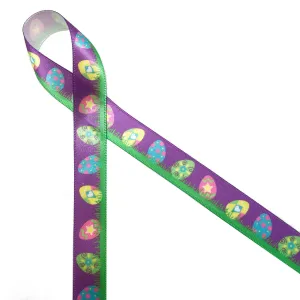 Easter Eggs Ribbon in the Grass on 5/8" white single face satin ribbon