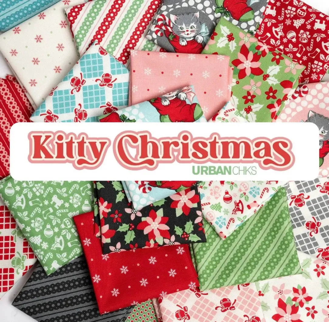 Fabric, Kitty Christmas Jingle Bells, Checks & Plaids by Urban Chiks - Green HOLLY (by the yard)