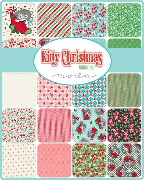 Fabric, Kitty Christmas Jingle Bells, Checks & Plaids by Urban Chiks - Green HOLLY (by the yard)