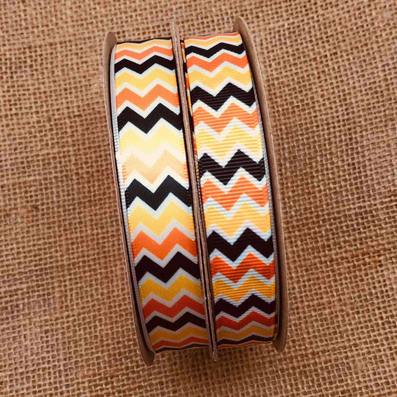 Fall Chevron ribbon in orange, black and yellow printed on 5/8" white grosgrain