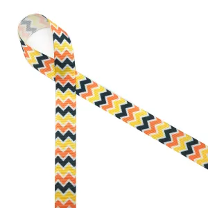 Fall Chevron ribbon in orange, black and yellow printed on 5/8" white grosgrain