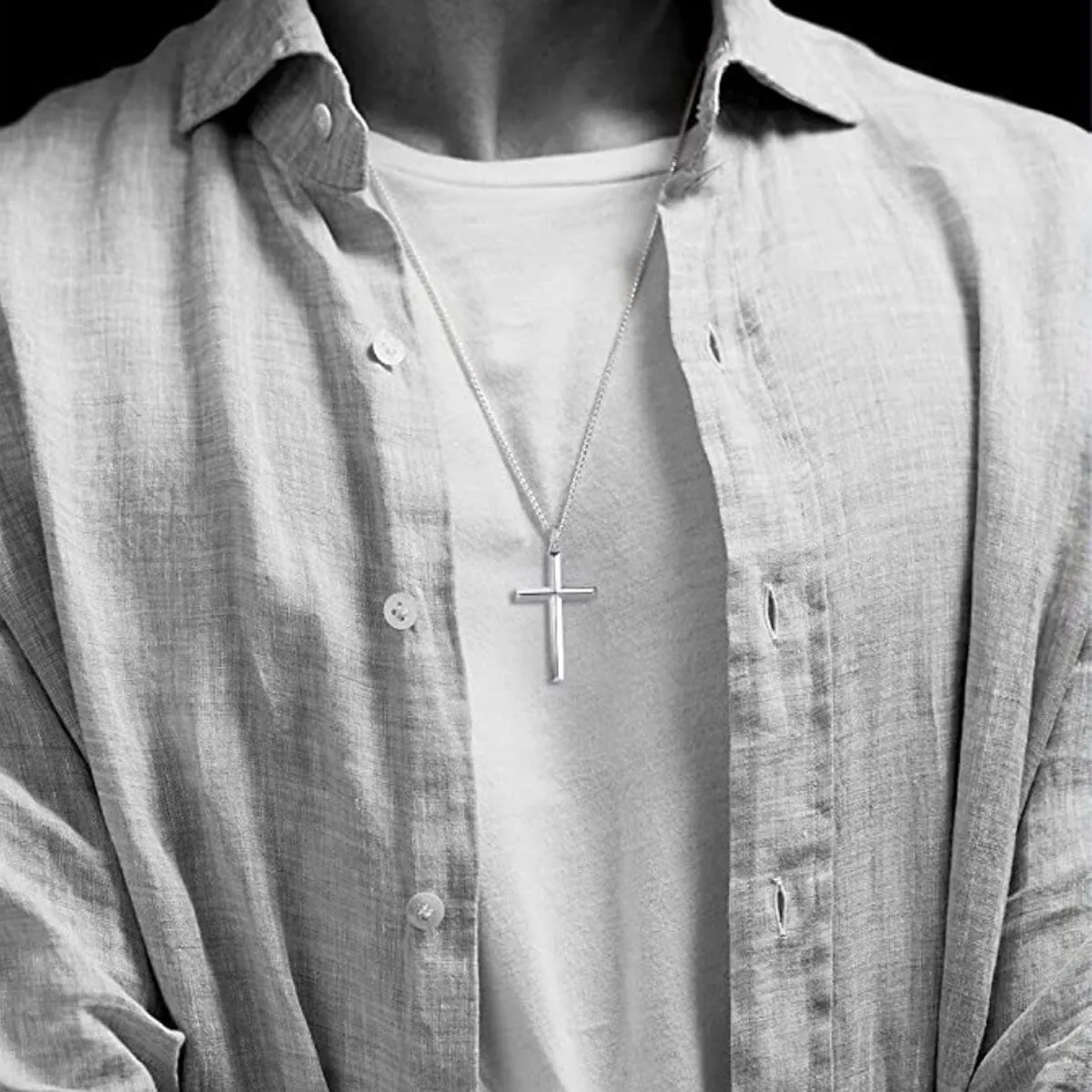 FANCIME Mens Beveled Edge Cross Sterling Silver Necklace