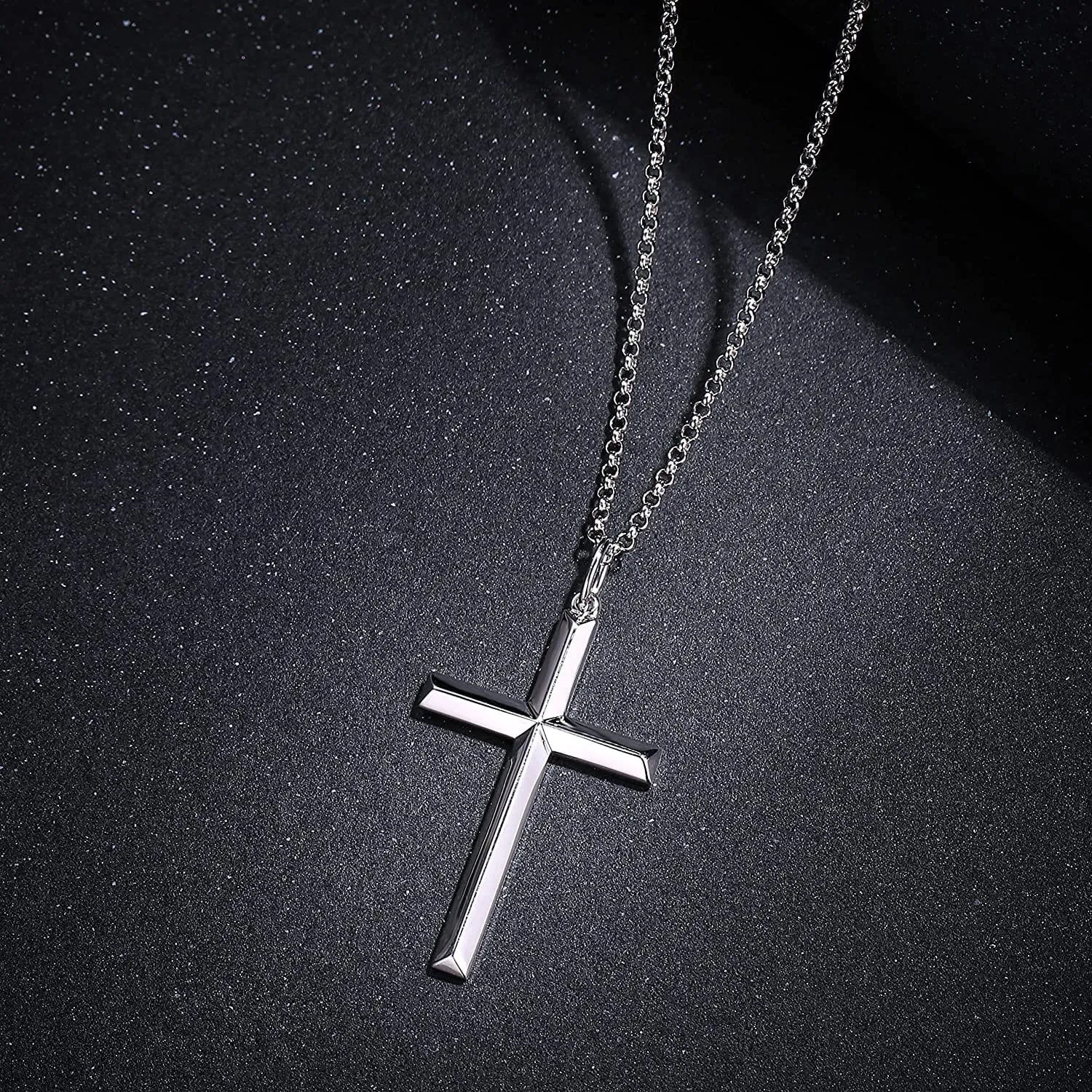 FANCIME Mens Beveled Edge Cross Sterling Silver Necklace