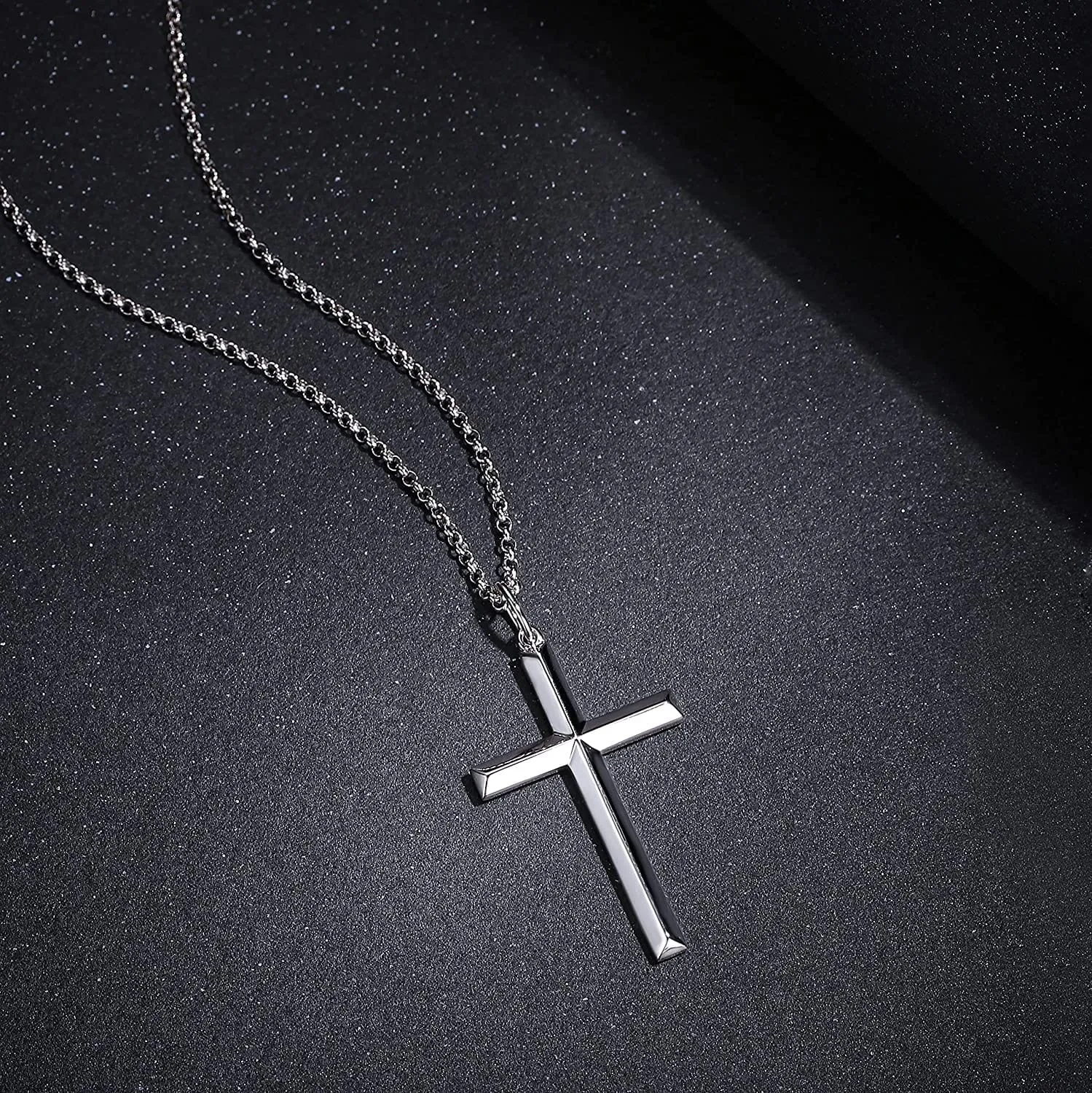 FANCIME Mens Beveled Edge Cross Sterling Silver Necklace