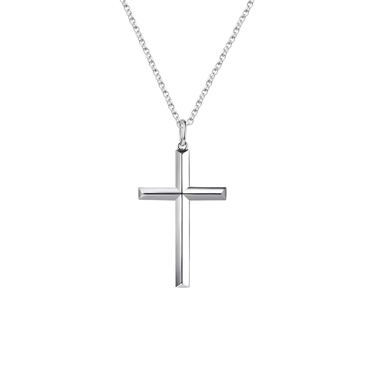 FANCIME Mens Beveled Edge Cross Sterling Silver Necklace