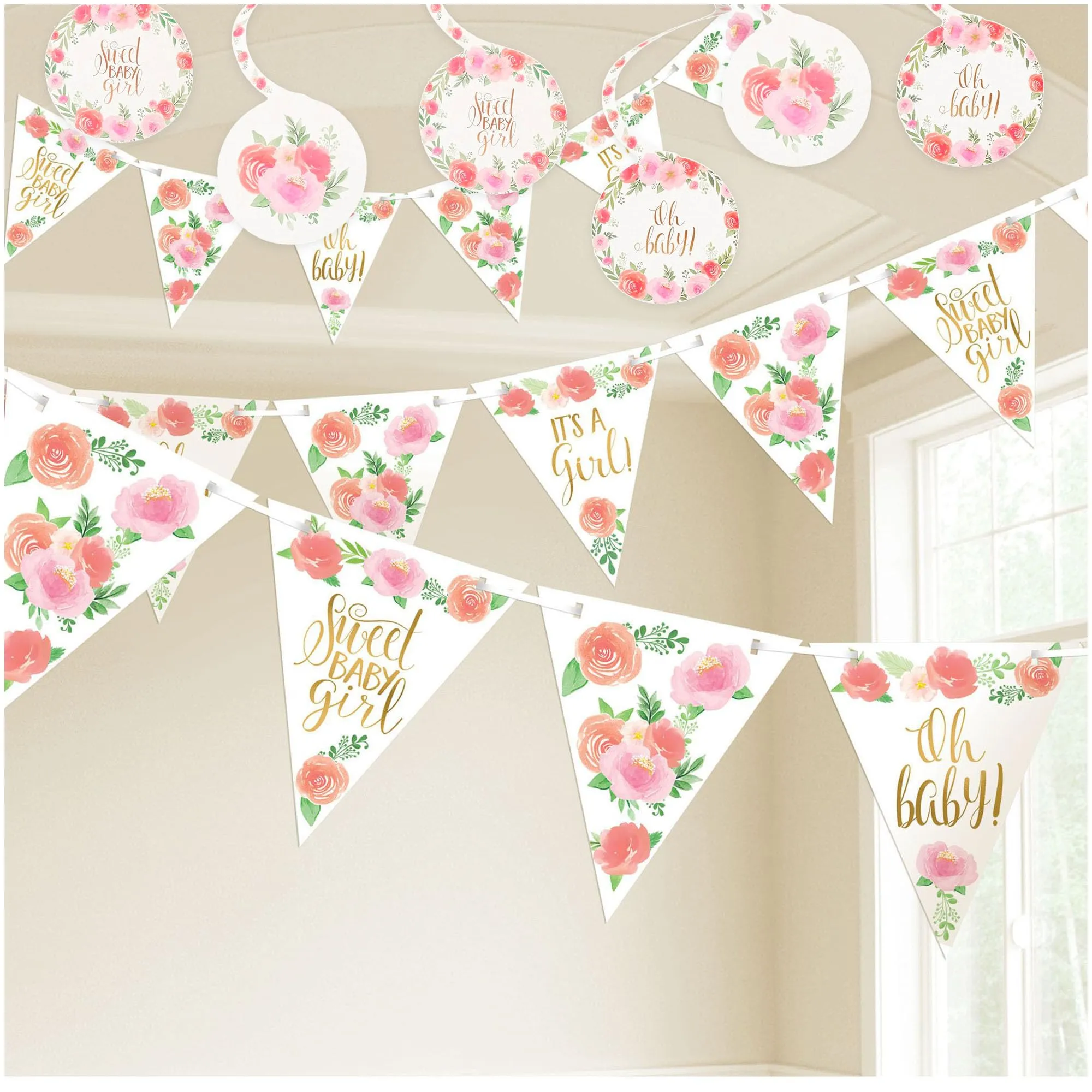 Floral Baby Shower Party Supplies - Sweet Baby Girl Pennant Banner and Spiral Decorations