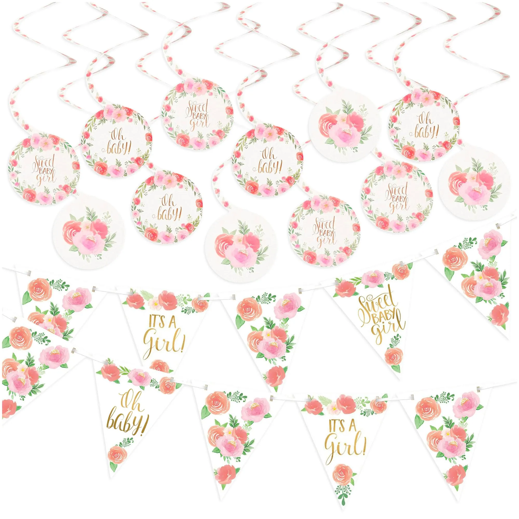 Floral Baby Shower Party Supplies - Sweet Baby Girl Pennant Banner and Spiral Decorations