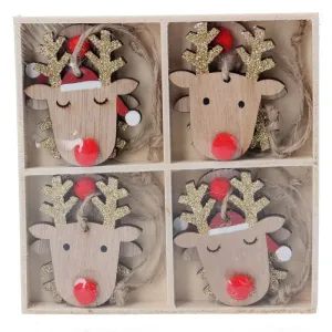 Gisela Graham Box of 8 Wooden Reindeer Head with Fur Nose Decorations