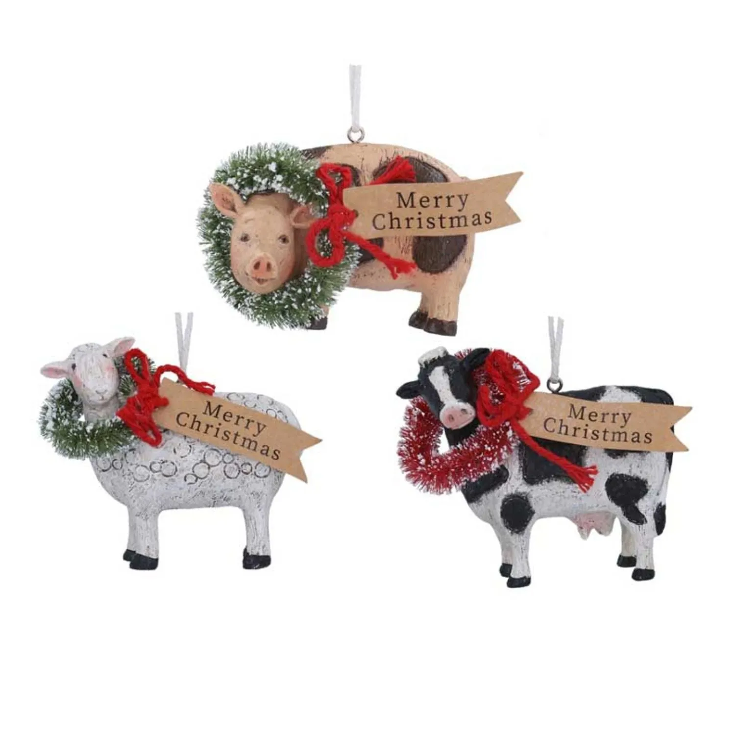 Gisela Graham Resin Farm Animal with Wreath Hanging Decoration (Choice of 3)