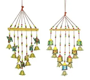 Handcrafted Bell and Elephant Door Hanging Wood Windchime (Combo,Multicolor)