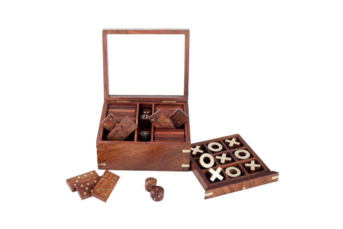 Handmade Wooden Tic Tac Toe Game| 28 Dominoes, 9 Tokens & 5 Wooden Dice