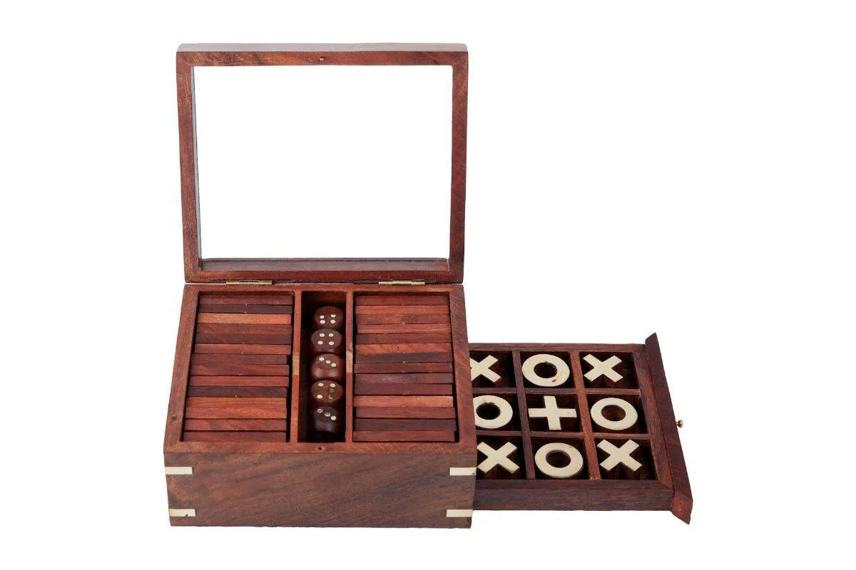 Handmade Wooden Tic Tac Toe Game| 28 Dominoes, 9 Tokens & 5 Wooden Dice