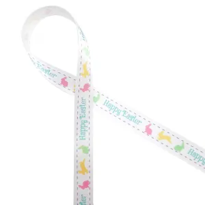 Happy Easter Ribbon with hopping bunnies printed on 5/8" white single face satin