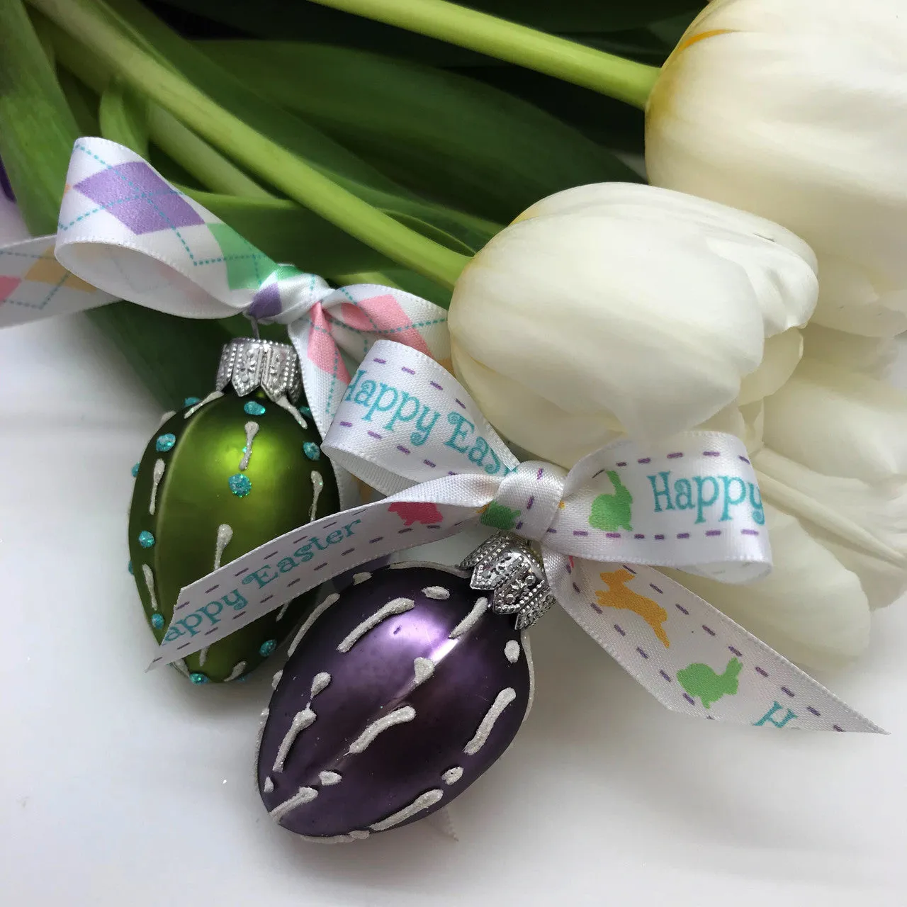 Happy Easter Ribbon with hopping bunnies printed on 5/8" white single face satin