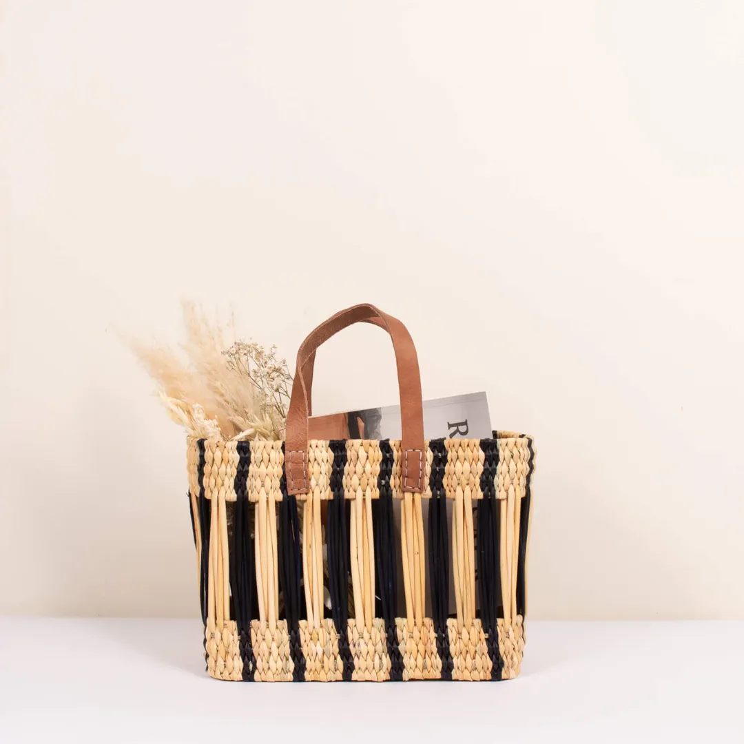 Indigo Stripe Decorative Reed Storage Basket