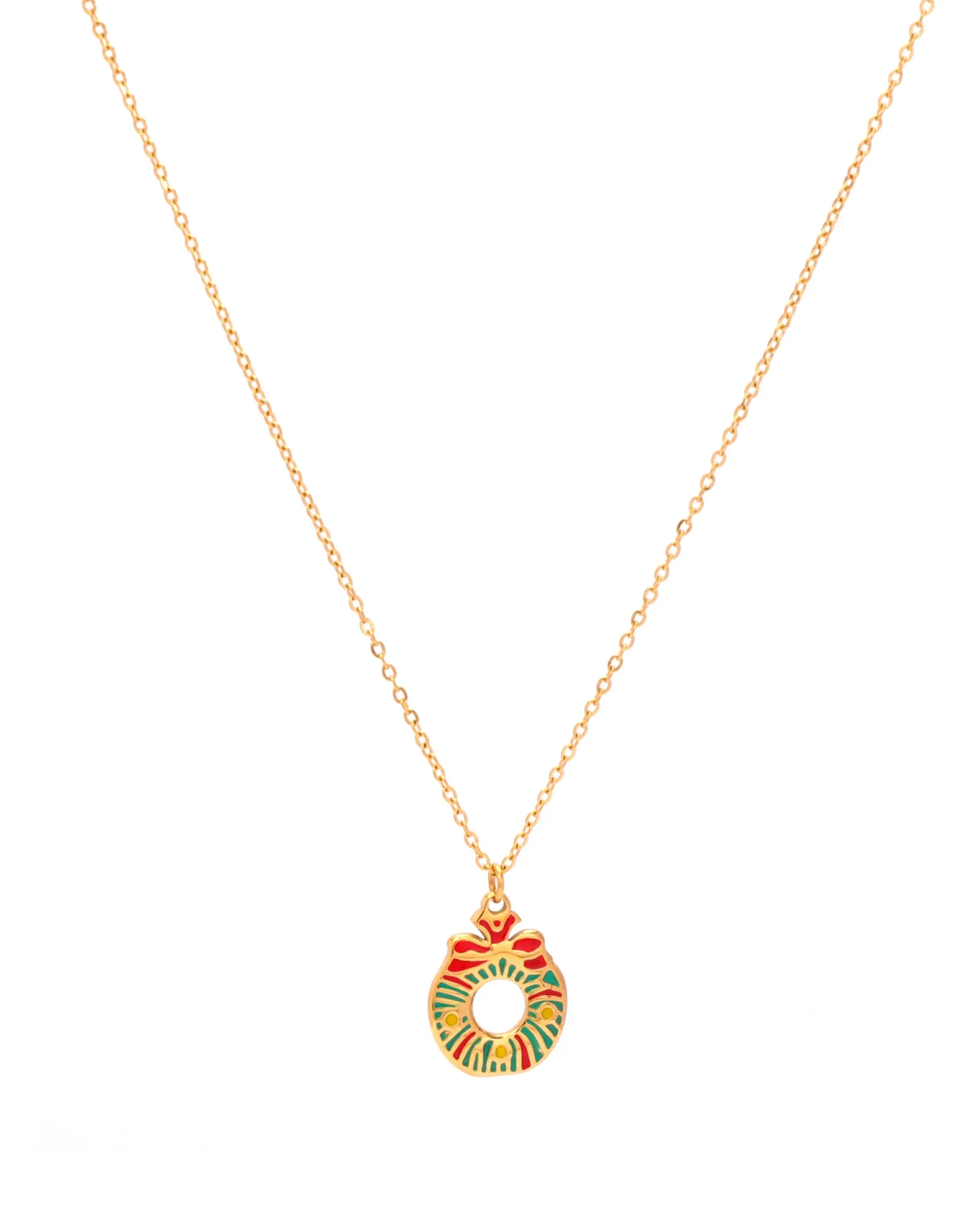 Jolly Gold Christmas Wreath Pendant Necklace