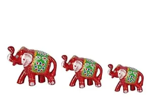 KANHAJI Creations Set of 3 Elephant Showpiece Idols for Home Decor (Red, 8x7x6 cm)