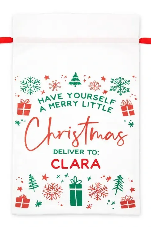 Large Personalized Drawstring Santa Sack for Gifts - Merry Little Christmas